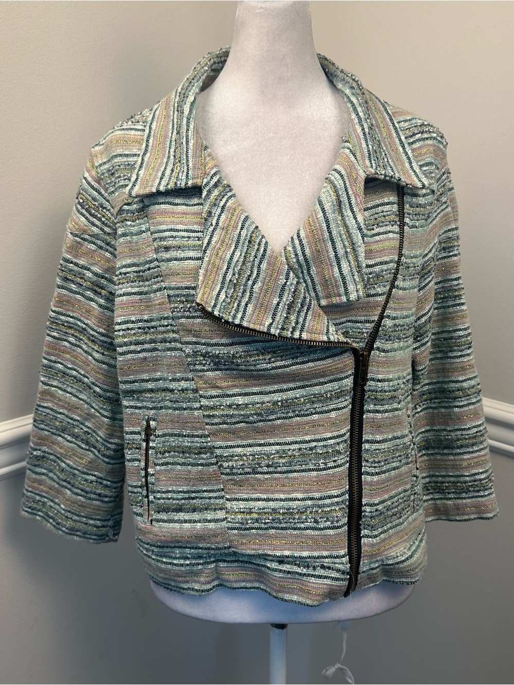 Gibson Pastel Multicolor Striped Tweed Zip-Front Jacket Blazer